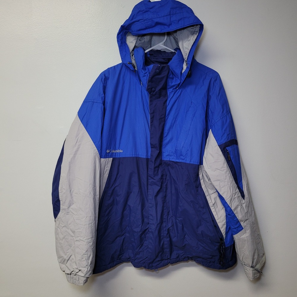 Columbia Men Interchange Ski Jacket Blue Gray Hooded Winter Coat L Foldable Hood